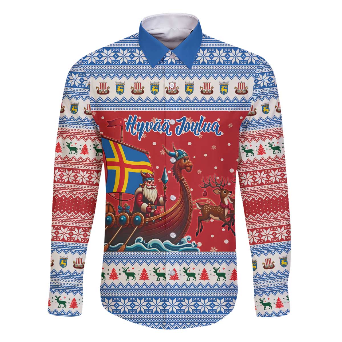 Aland Viking Santa Christmas Family Matching Off The Shoulder Long Sleeve Dress and Hawaiian Shirt Funny Reindeer Norse Xmas - Wonder Print Shop