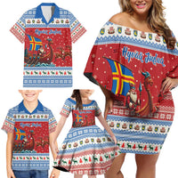 Aland Viking Santa Christmas Family Matching Off Shoulder Short Dress and Hawaiian Shirt Funny Reindeer Norse Xmas - Wonder Print Shop