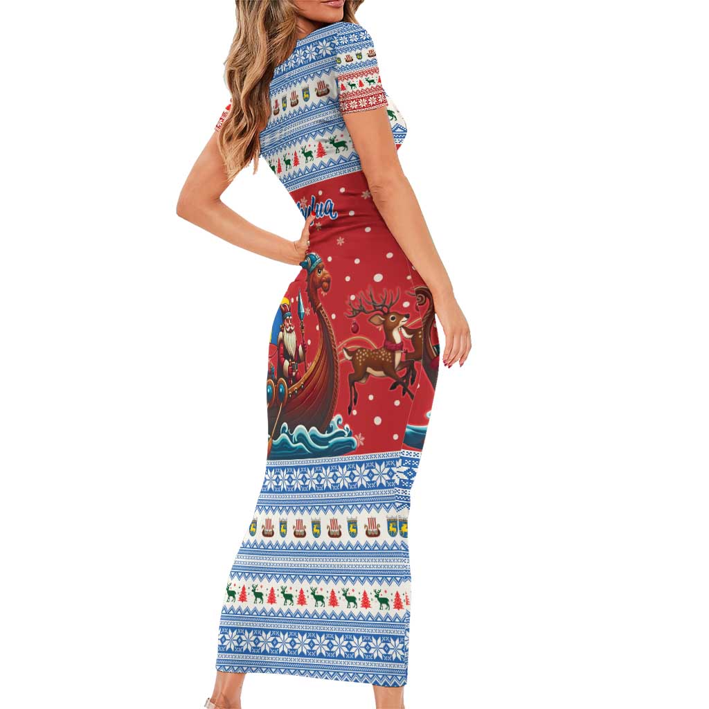 Aland Viking Santa Christmas Family Matching Short Sleeve Bodycon Dress and Hawaiian Shirt Funny Reindeer Norse Xmas - Wonder Print Shop