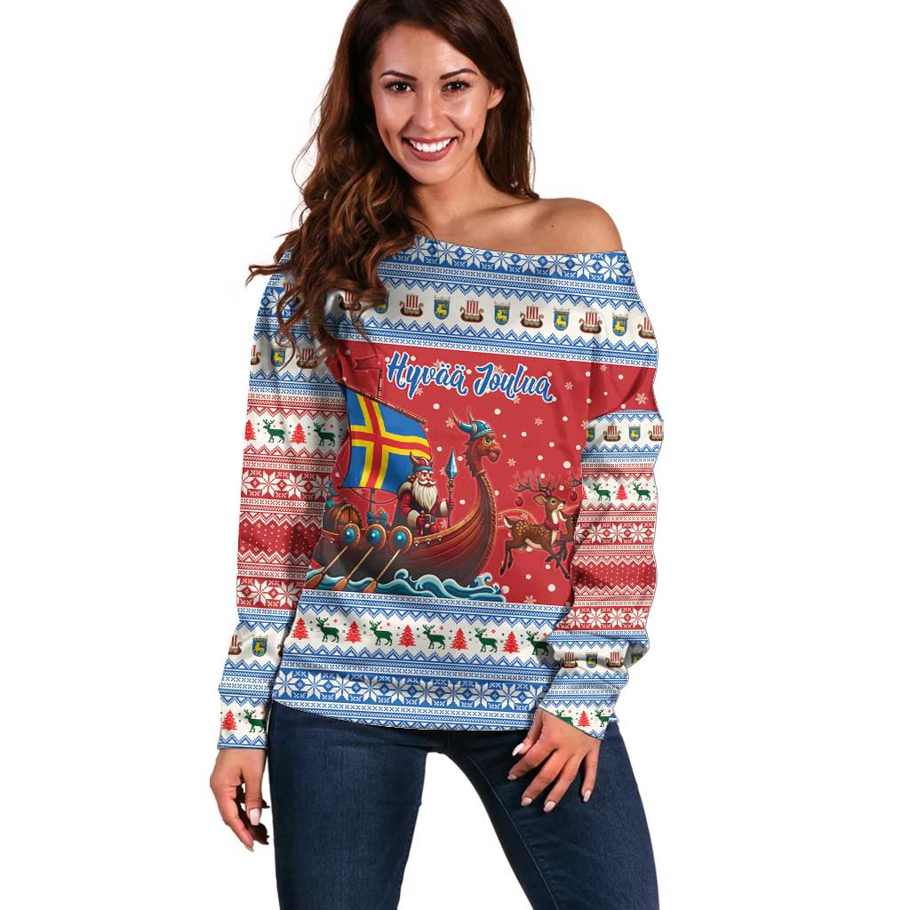 Aland Viking Santa Christmas Off Shoulder Sweater Funny Reindeer Norse Xmas - Wonder Print Shop