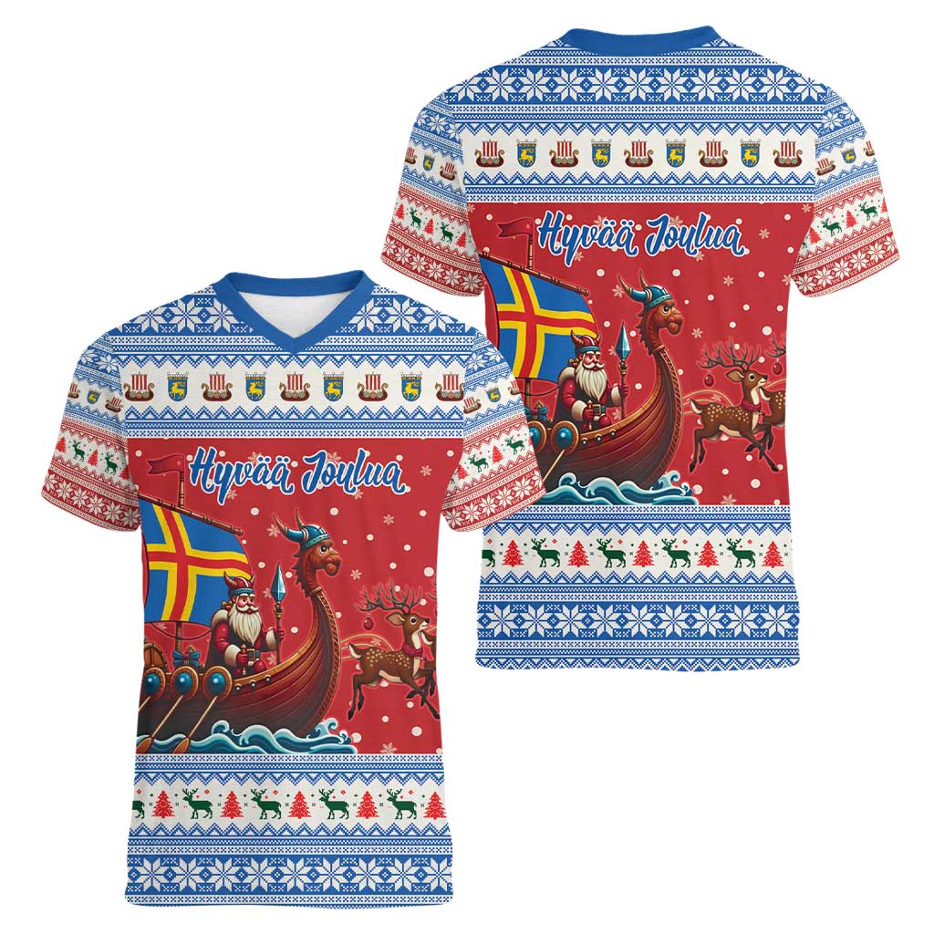 Aland Viking Santa Christmas Women V-Neck T-Shirt Funny Reindeer Norse Xmas - Wonder Print Shop