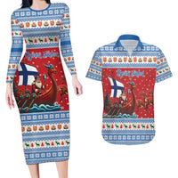 Finland Viking Santa Christmas Couples Matching Long Sleeve Bodycon Dress and Hawaiian Shirt Funny Reindeer Norse Xmas - Wonder Print Shop