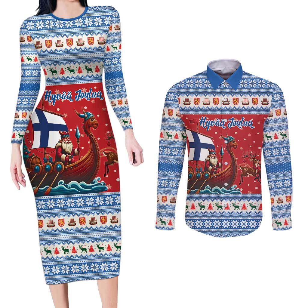 Finland Viking Santa Christmas Couples Matching Long Sleeve Bodycon Dress and Long Sleeve Button Shirt Funny Reindeer Norse Xmas - Wonder Print Shop
