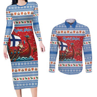 Finland Viking Santa Christmas Couples Matching Long Sleeve Bodycon Dress and Long Sleeve Button Shirt Funny Reindeer Norse Xmas - Wonder Print Shop