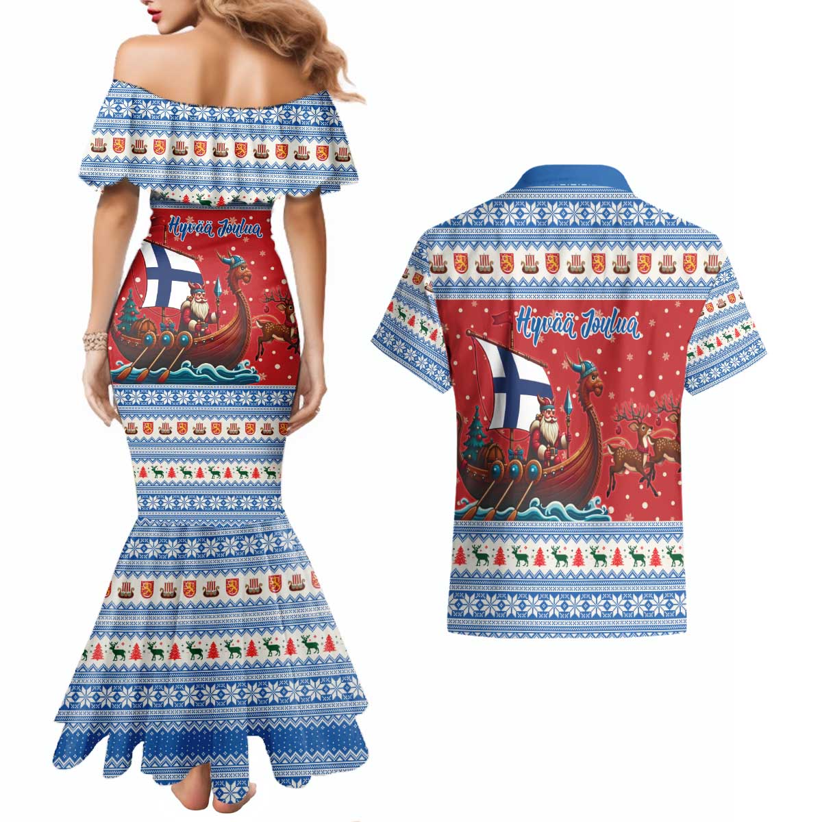 Finland Viking Santa Christmas Couples Matching Mermaid Dress and Hawaiian Shirt Funny Reindeer Norse Xmas - Wonder Print Shop