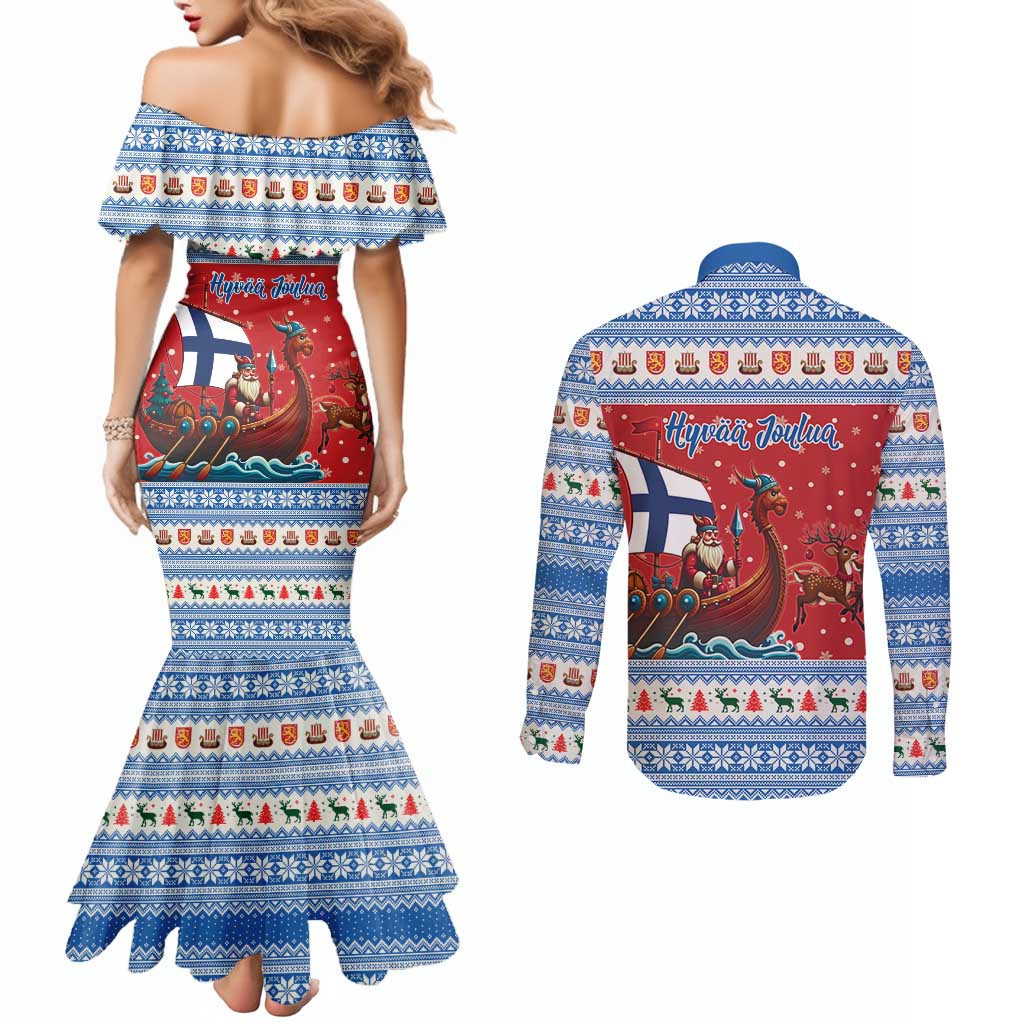 Finland Viking Santa Christmas Couples Matching Mermaid Dress and Long Sleeve Button Shirt Funny Reindeer Norse Xmas - Wonder Print Shop