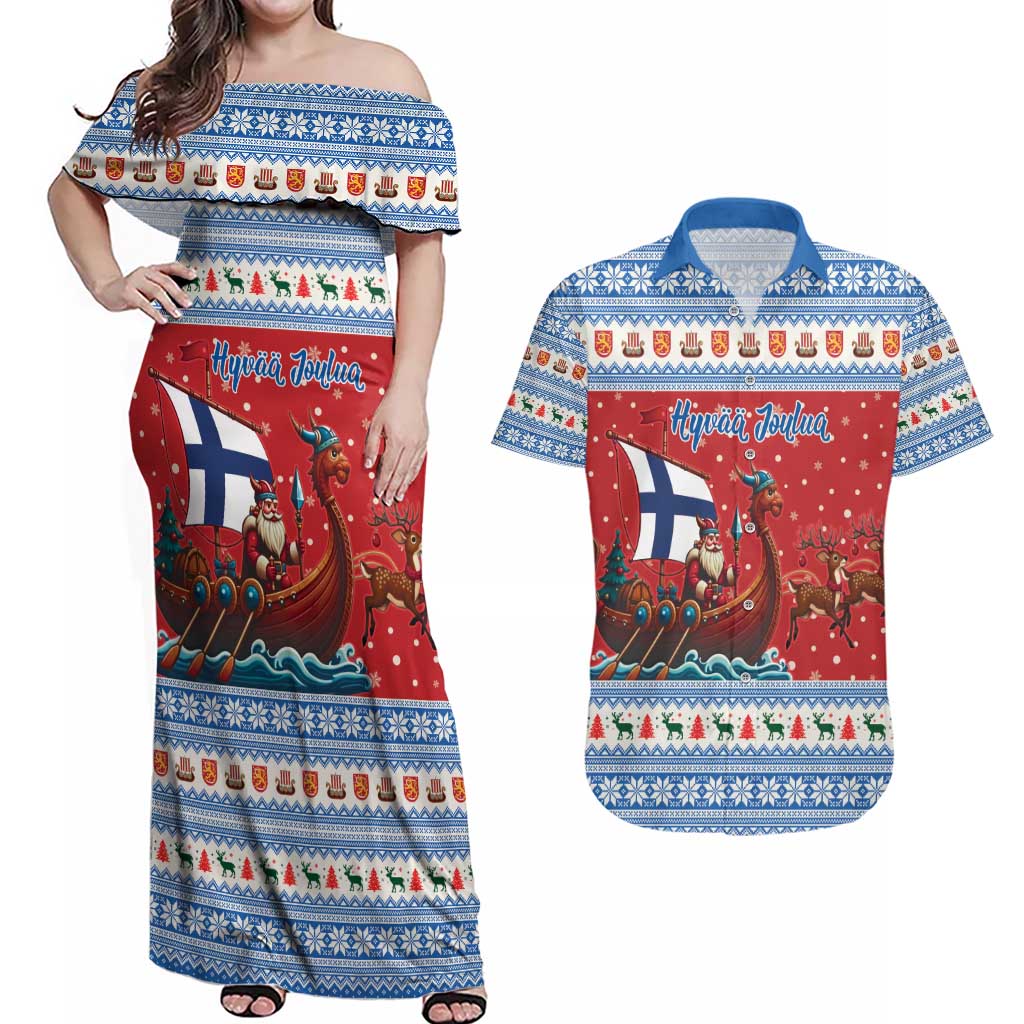 Finland Viking Santa Christmas Couples Matching Off Shoulder Maxi Dress and Hawaiian Shirt Funny Reindeer Norse Xmas - Wonder Print Shop
