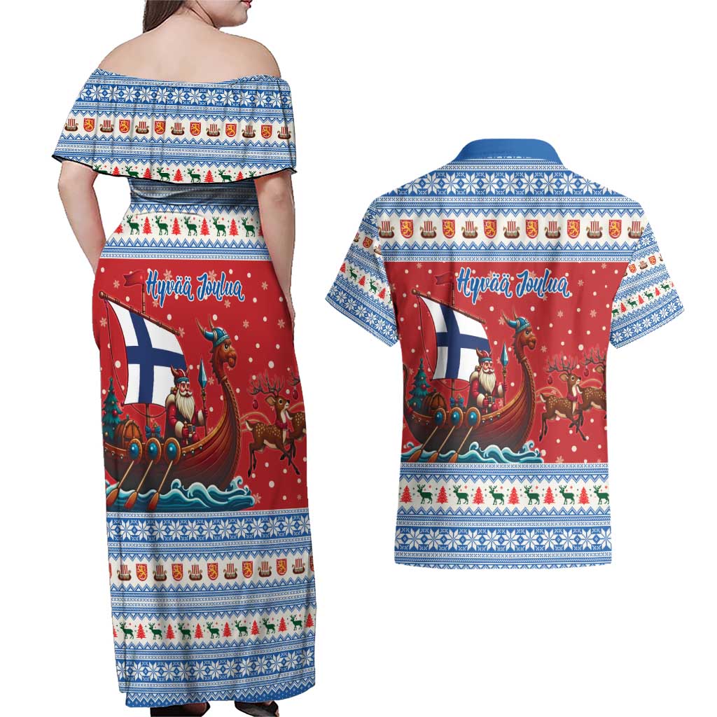 Finland Viking Santa Christmas Couples Matching Off Shoulder Maxi Dress and Hawaiian Shirt Funny Reindeer Norse Xmas - Wonder Print Shop