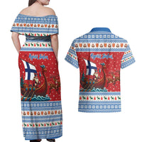 Finland Viking Santa Christmas Couples Matching Off Shoulder Maxi Dress and Hawaiian Shirt Funny Reindeer Norse Xmas - Wonder Print Shop