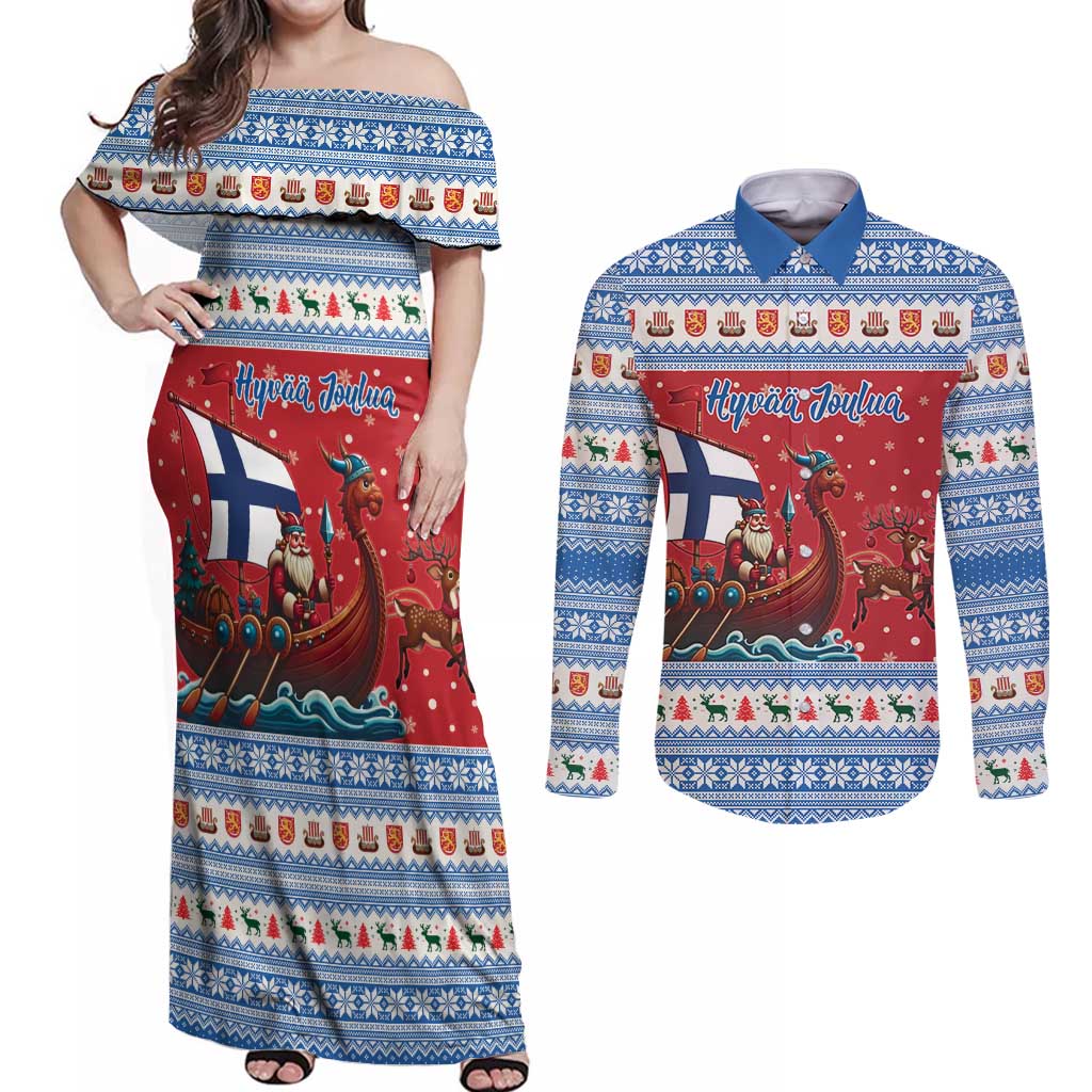 Finland Viking Santa Christmas Couples Matching Off Shoulder Maxi Dress and Long Sleeve Button Shirt Funny Reindeer Norse Xmas - Wonder Print Shop