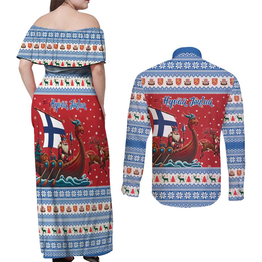 Finland Viking Santa Christmas Couples Matching Off Shoulder Maxi Dress and Long Sleeve Button Shirt Funny Reindeer Norse Xmas - Wonder Print Shop