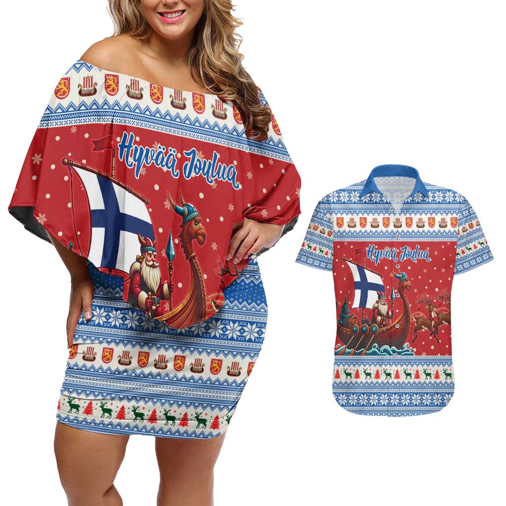 Finland Viking Santa Christmas Couples Matching Off Shoulder Short Dress and Hawaiian Shirt Funny Reindeer Norse Xmas - Wonder Print Shop