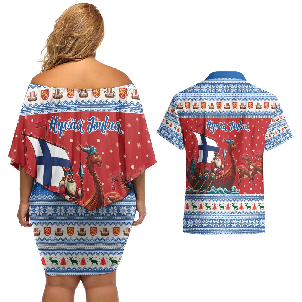 Finland Viking Santa Christmas Couples Matching Off Shoulder Short Dress and Hawaiian Shirt Funny Reindeer Norse Xmas - Wonder Print Shop