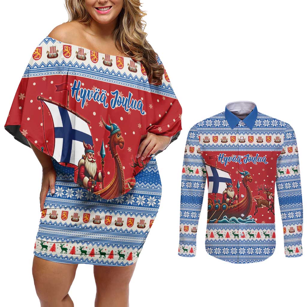 Finland Viking Santa Christmas Couples Matching Off Shoulder Short Dress and Long Sleeve Button Shirt Funny Reindeer Norse Xmas - Wonder Print Shop