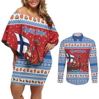 Finland Viking Santa Christmas Couples Matching Off Shoulder Short Dress and Long Sleeve Button Shirt Funny Reindeer Norse Xmas - Wonder Print Shop