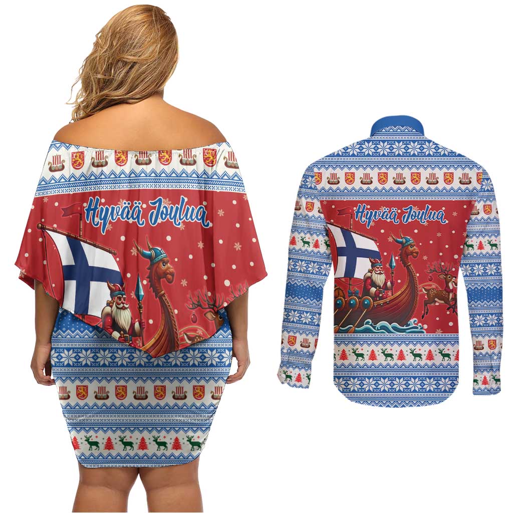 Finland Viking Santa Christmas Couples Matching Off Shoulder Short Dress and Long Sleeve Button Shirt Funny Reindeer Norse Xmas - Wonder Print Shop