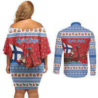 Finland Viking Santa Christmas Couples Matching Off Shoulder Short Dress and Long Sleeve Button Shirt Funny Reindeer Norse Xmas - Wonder Print Shop