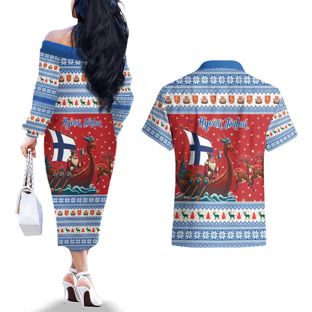 Finland Viking Santa Christmas Couples Matching Off The Shoulder Long Sleeve Dress and Hawaiian Shirt Funny Reindeer Norse Xmas - Wonder Print Shop
