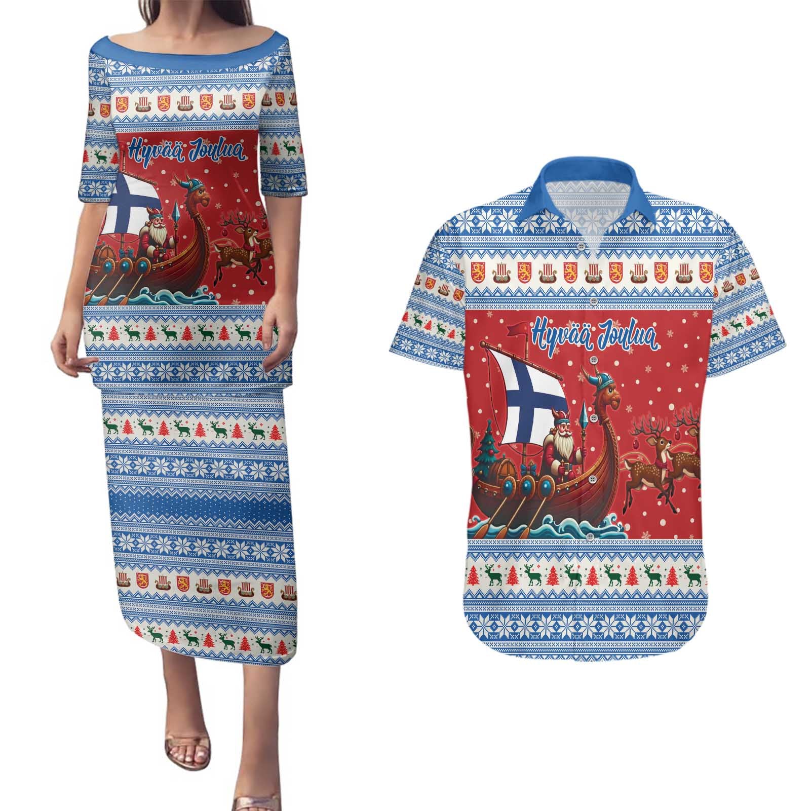 Finland Viking Santa Christmas Couples Matching Puletasi and Hawaiian Shirt Funny Reindeer Norse Xmas - Wonder Print Shop