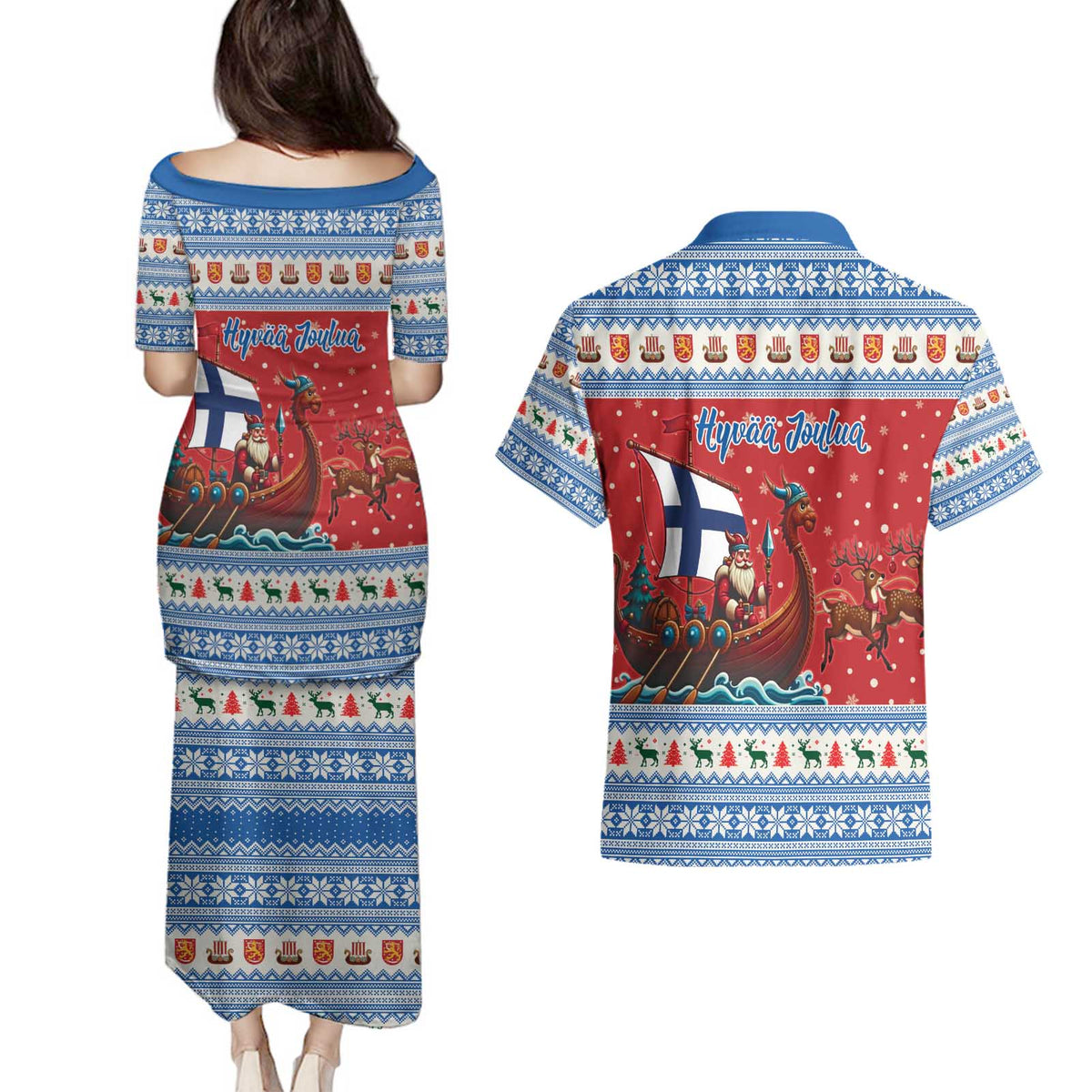 Finland Viking Santa Christmas Couples Matching Puletasi and Hawaiian Shirt Funny Reindeer Norse Xmas - Wonder Print Shop