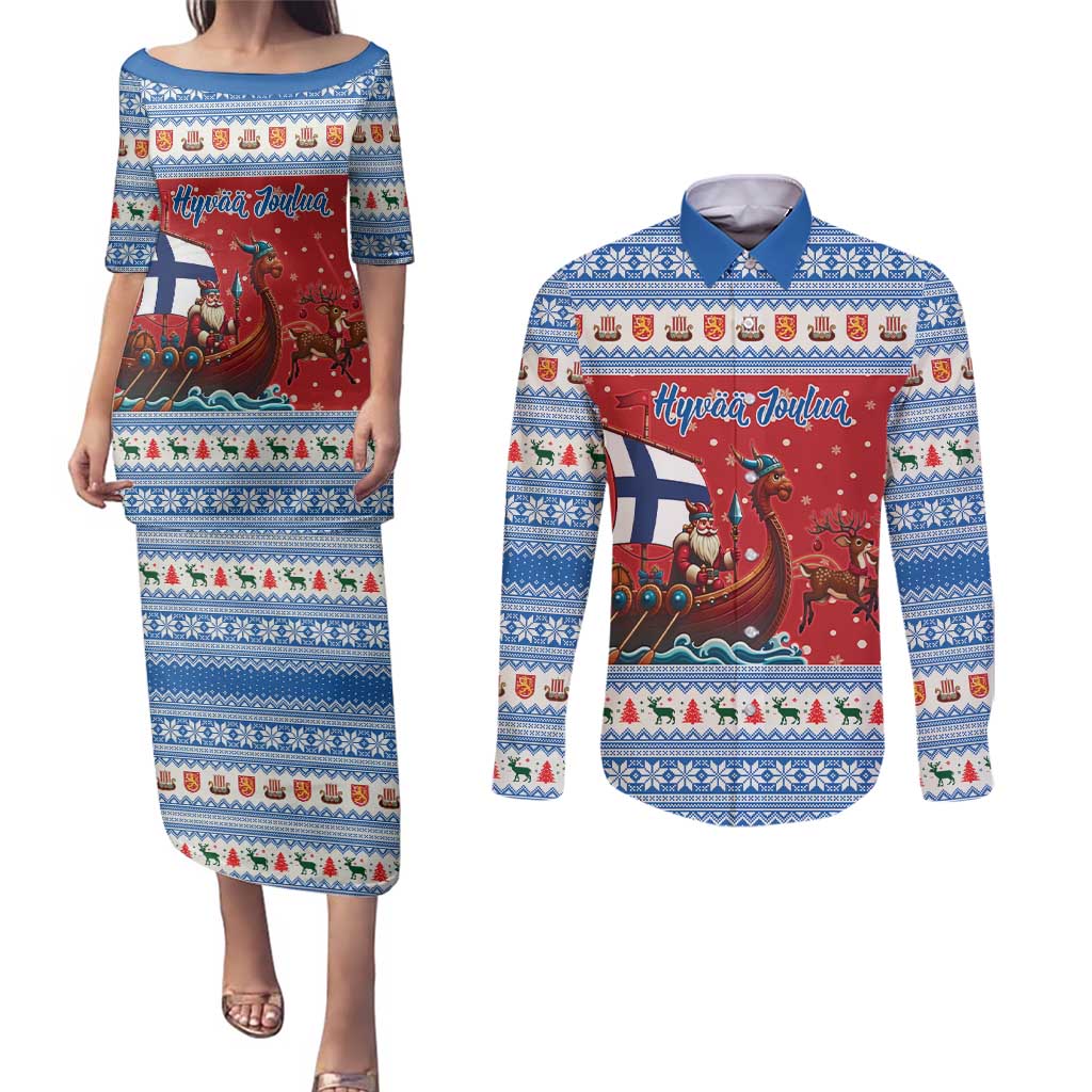 Finland Viking Santa Christmas Couples Matching Puletasi and Long Sleeve Button Shirt Funny Reindeer Norse Xmas - Wonder Print Shop