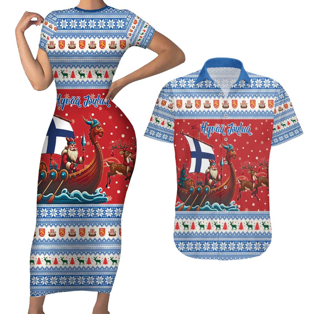 Finland Viking Santa Christmas Couples Matching Short Sleeve Bodycon Dress and Hawaiian Shirt Funny Reindeer Norse Xmas - Wonder Print Shop