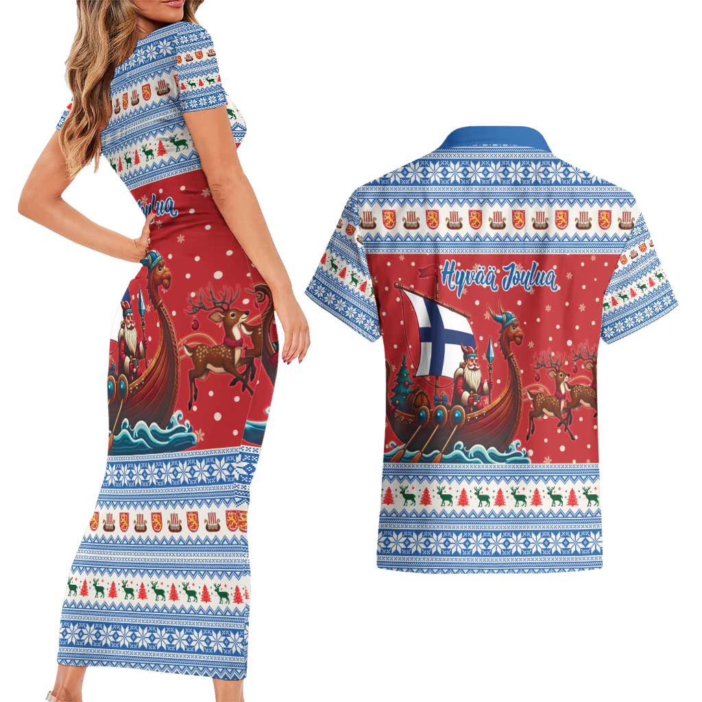 Finland Viking Santa Christmas Couples Matching Short Sleeve Bodycon Dress and Hawaiian Shirt Funny Reindeer Norse Xmas - Wonder Print Shop