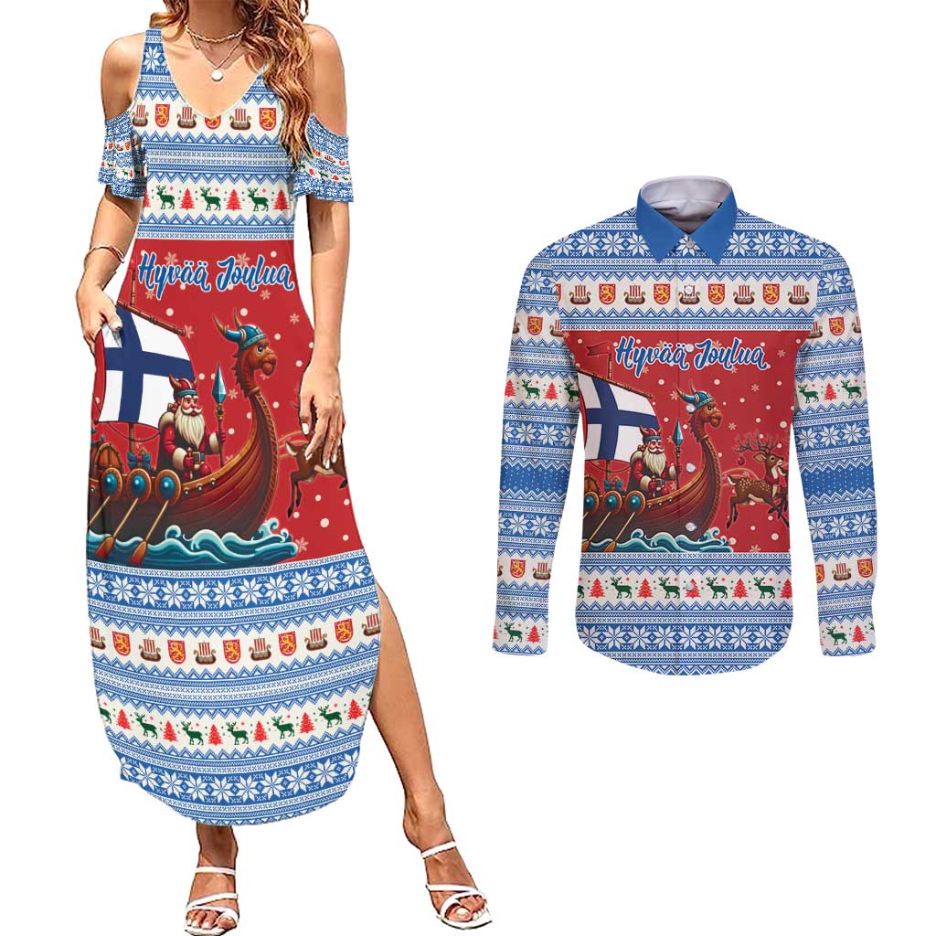 Finland Viking Santa Christmas Couples Matching Summer Maxi Dress and Long Sleeve Button Shirt Funny Reindeer Norse Xmas - Wonder Print Shop