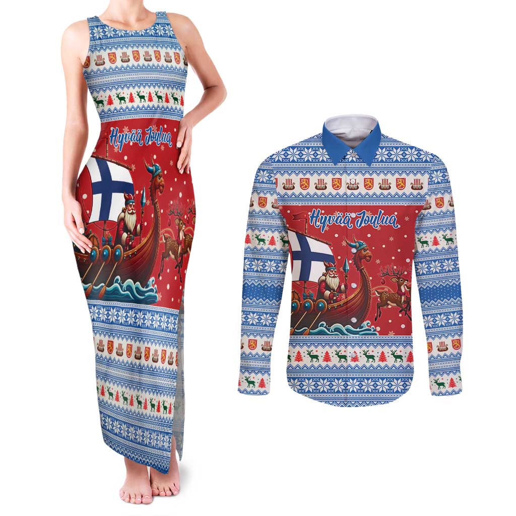 Finland Viking Santa Christmas Couples Matching Tank Maxi Dress and Long Sleeve Button Shirt Funny Reindeer Norse Xmas - Wonder Print Shop