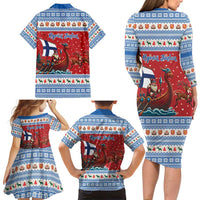 Finland Viking Santa Christmas Family Matching Long Sleeve Bodycon Dress and Hawaiian Shirt Funny Reindeer Norse Xmas - Wonder Print Shop