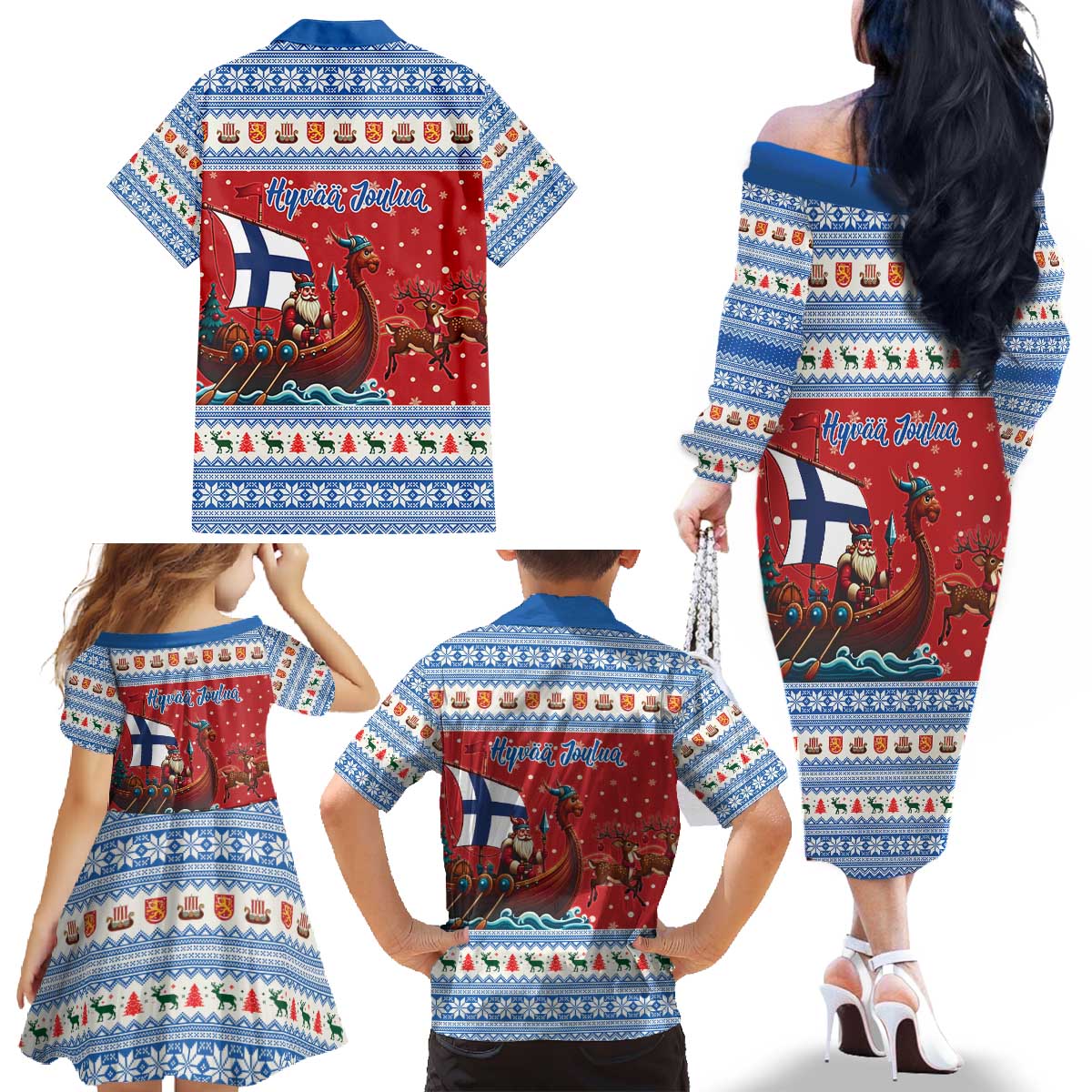Finland Viking Santa Christmas Family Matching Off The Shoulder Long Sleeve Dress and Hawaiian Shirt Funny Reindeer Norse Xmas - Wonder Print Shop