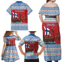 Finland Viking Santa Christmas Family Matching Off Shoulder Maxi Dress and Hawaiian Shirt Funny Reindeer Norse Xmas - Wonder Print Shop