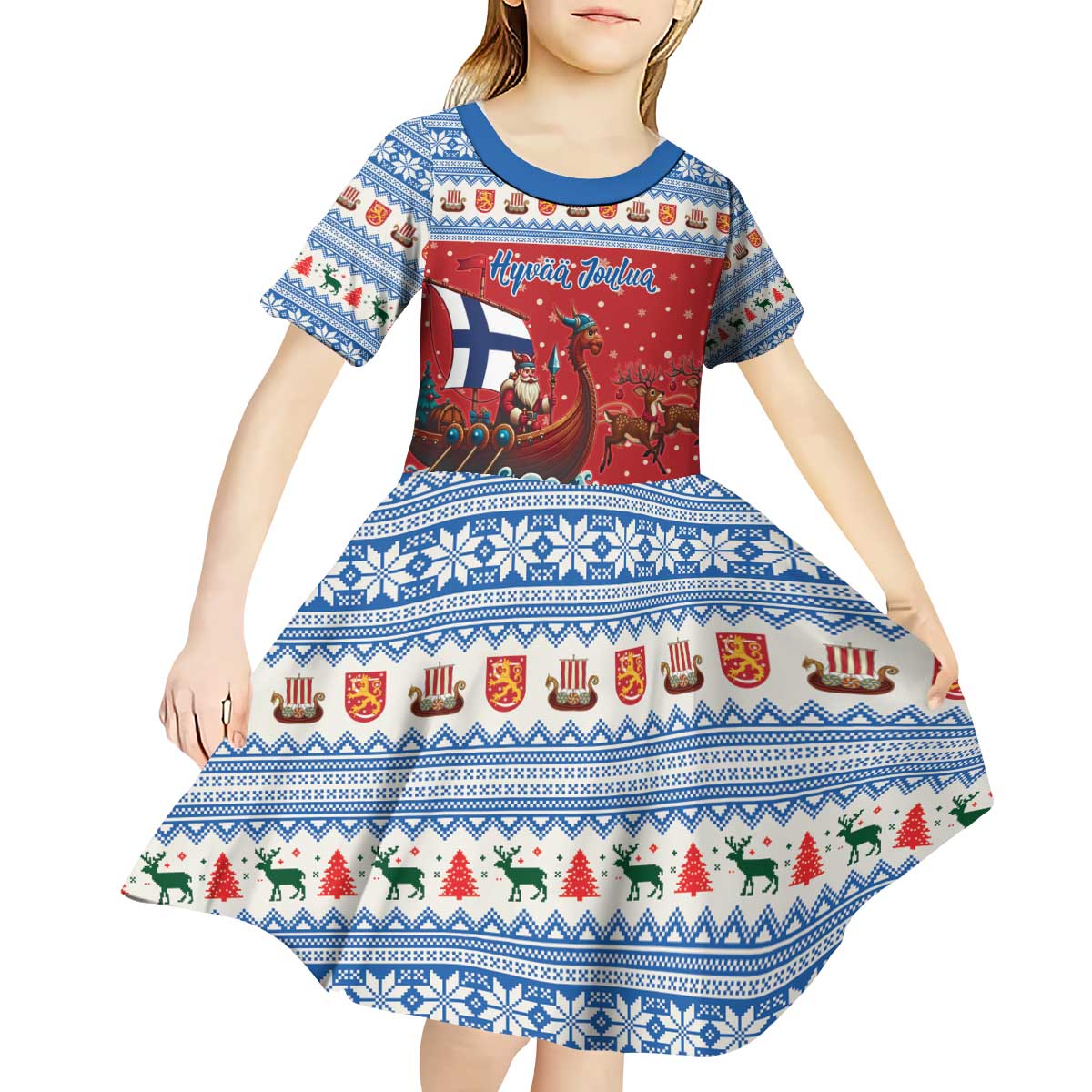 Finland Viking Santa Christmas Kid Short Sleeve Dress Funny Reindeer Norse Xmas - Wonder Print Shop