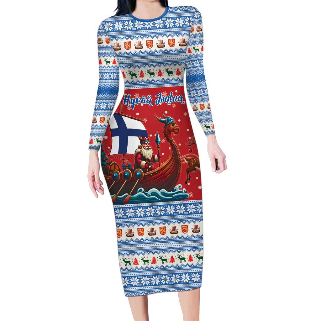 Finland Viking Santa Christmas Long Sleeve Bodycon Dress Funny Reindeer Norse Xmas - Wonder Print Shop