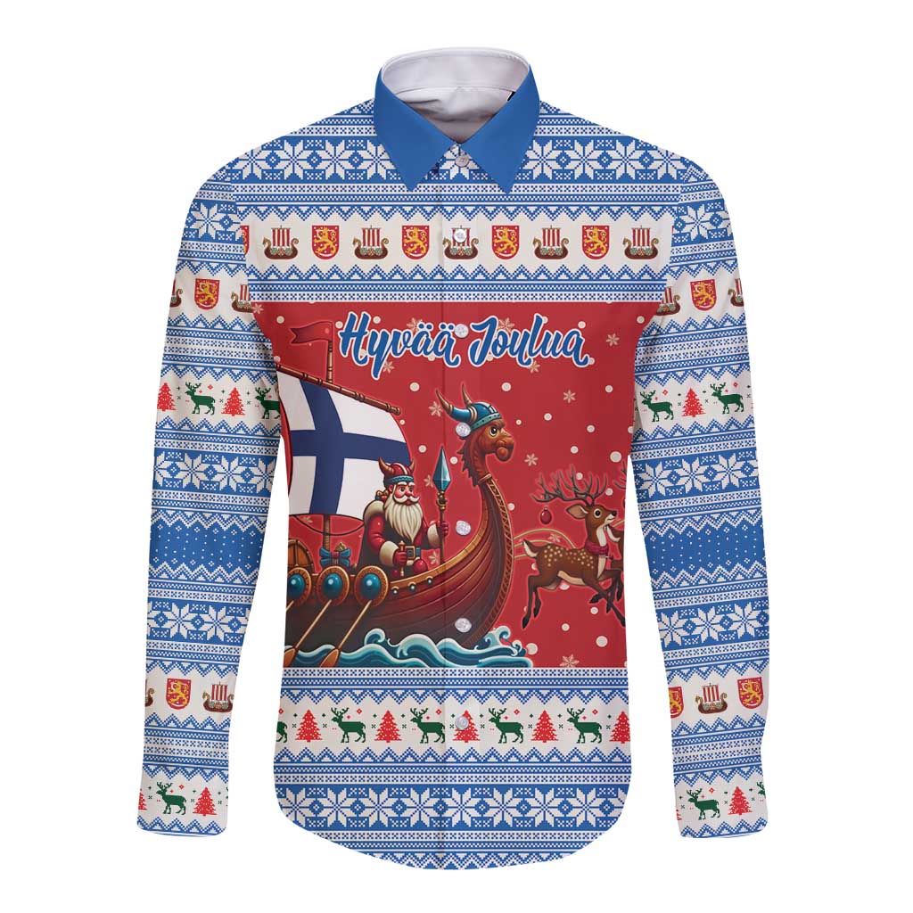 Finland Viking Santa Christmas Long Sleeve Button Shirt Funny Reindeer Norse Xmas - Wonder Print Shop