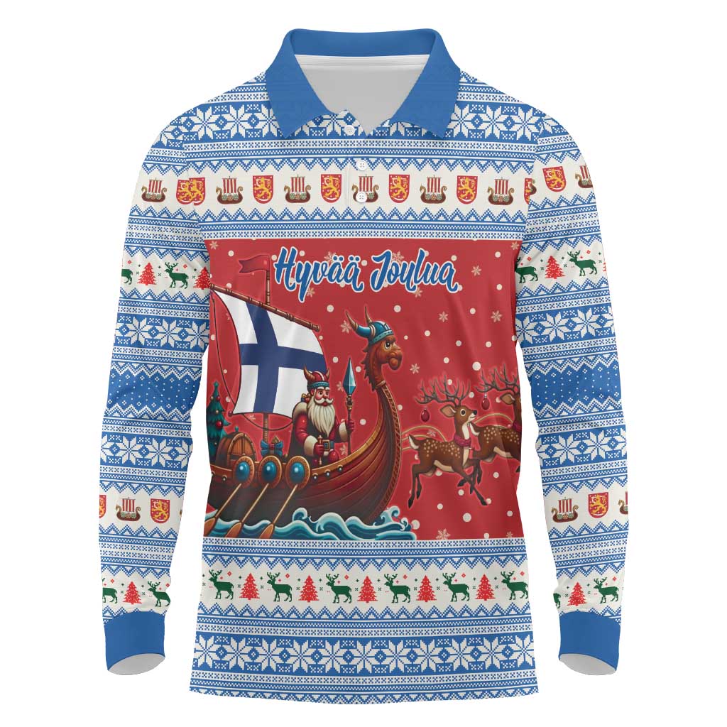 Finland Viking Santa Christmas Long Sleeve Polo Shirt Funny Reindeer Norse Xmas - Wonder Print Shop
