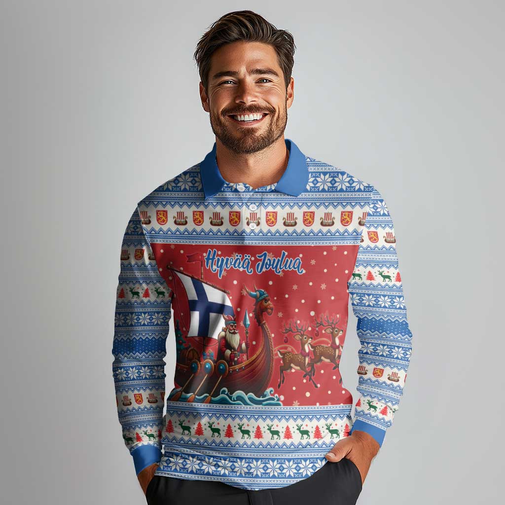 Finland Viking Santa Christmas Long Sleeve Polo Shirt Funny Reindeer Norse Xmas - Wonder Print Shop