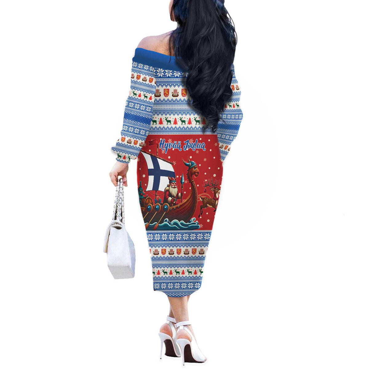 Finland Viking Santa Christmas Off The Shoulder Long Sleeve Dress Funny Reindeer Norse Xmas - Wonder Print Shop