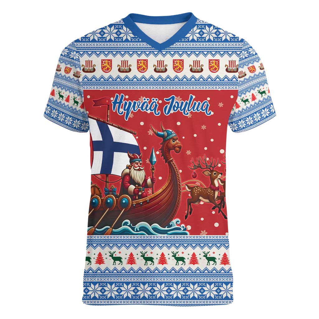Finland Viking Santa Christmas Women V-Neck T-Shirt Funny Reindeer Norse Xmas - Wonder Print Shop