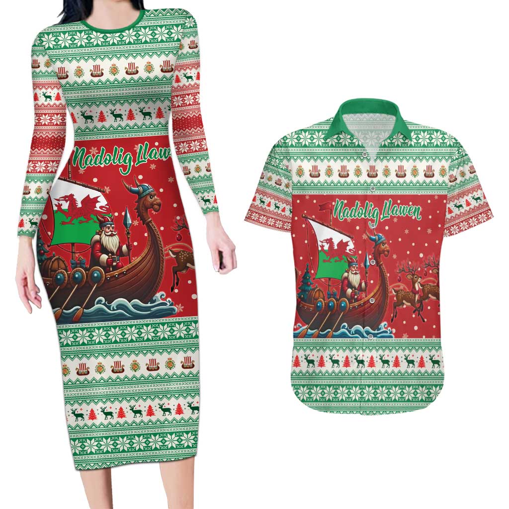 Wales Viking Santa Christmas Couples Matching Long Sleeve Bodycon Dress and Hawaiian Shirt Funny Reindeer Norse Xmas - Wonder Print Shop