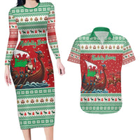 Wales Viking Santa Christmas Couples Matching Long Sleeve Bodycon Dress and Hawaiian Shirt Funny Reindeer Norse Xmas - Wonder Print Shop