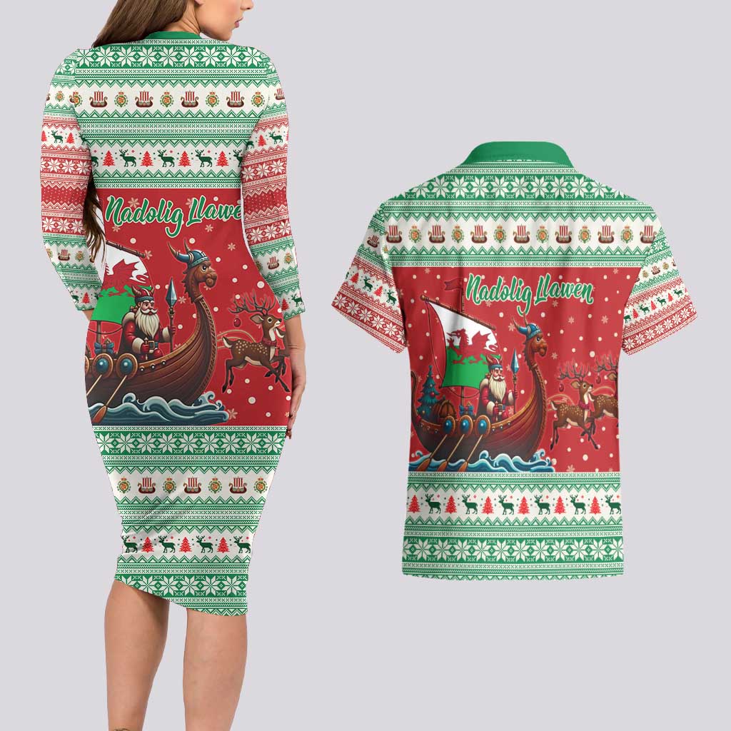 Wales Viking Santa Christmas Couples Matching Long Sleeve Bodycon Dress and Hawaiian Shirt Funny Reindeer Norse Xmas - Wonder Print Shop