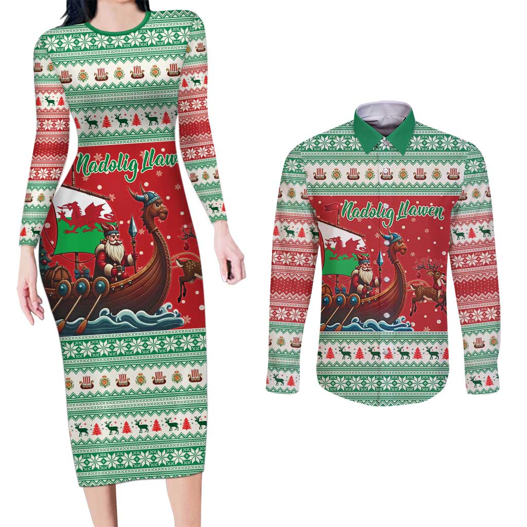 Wales Viking Santa Christmas Couples Matching Long Sleeve Bodycon Dress and Long Sleeve Button Shirt Funny Reindeer Norse Xmas - Wonder Print Shop