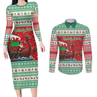 Wales Viking Santa Christmas Couples Matching Long Sleeve Bodycon Dress and Long Sleeve Button Shirt Funny Reindeer Norse Xmas - Wonder Print Shop