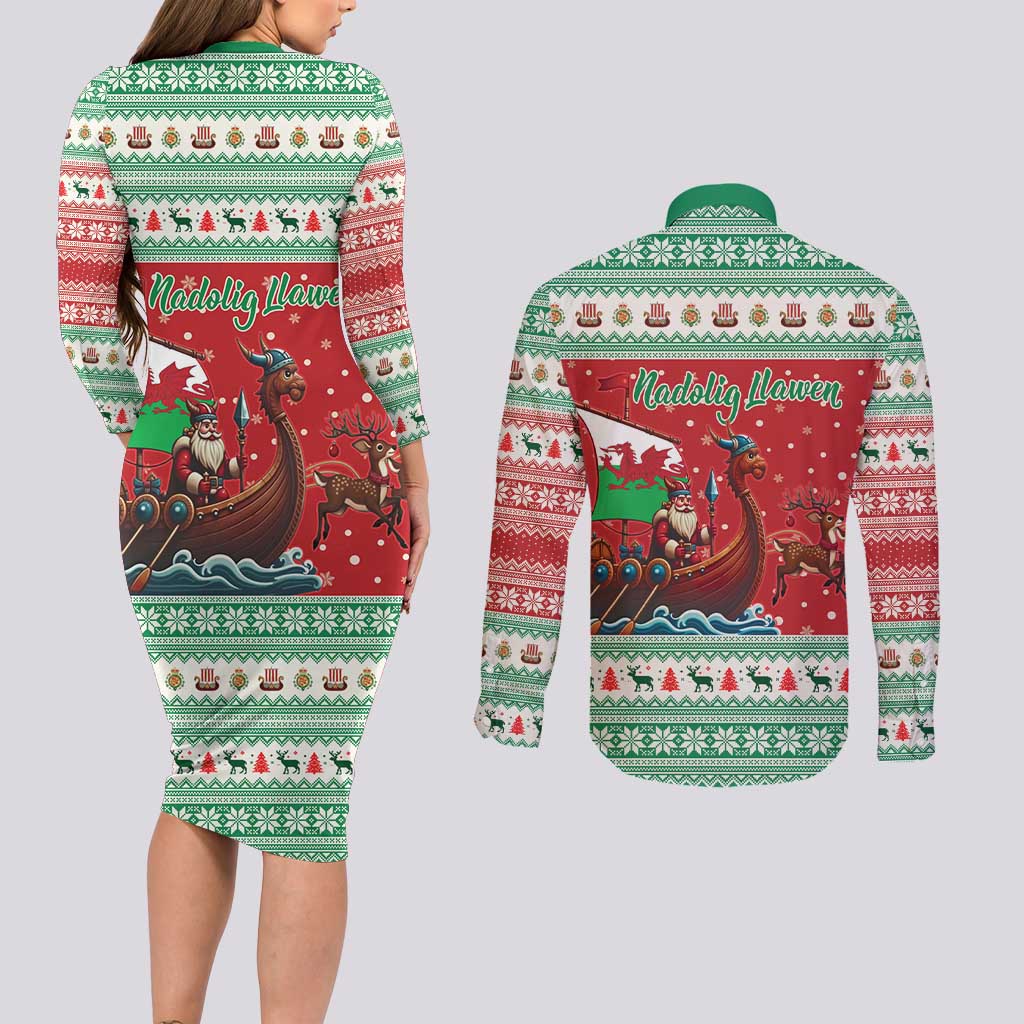 Wales Viking Santa Christmas Couples Matching Long Sleeve Bodycon Dress and Long Sleeve Button Shirt Funny Reindeer Norse Xmas - Wonder Print Shop