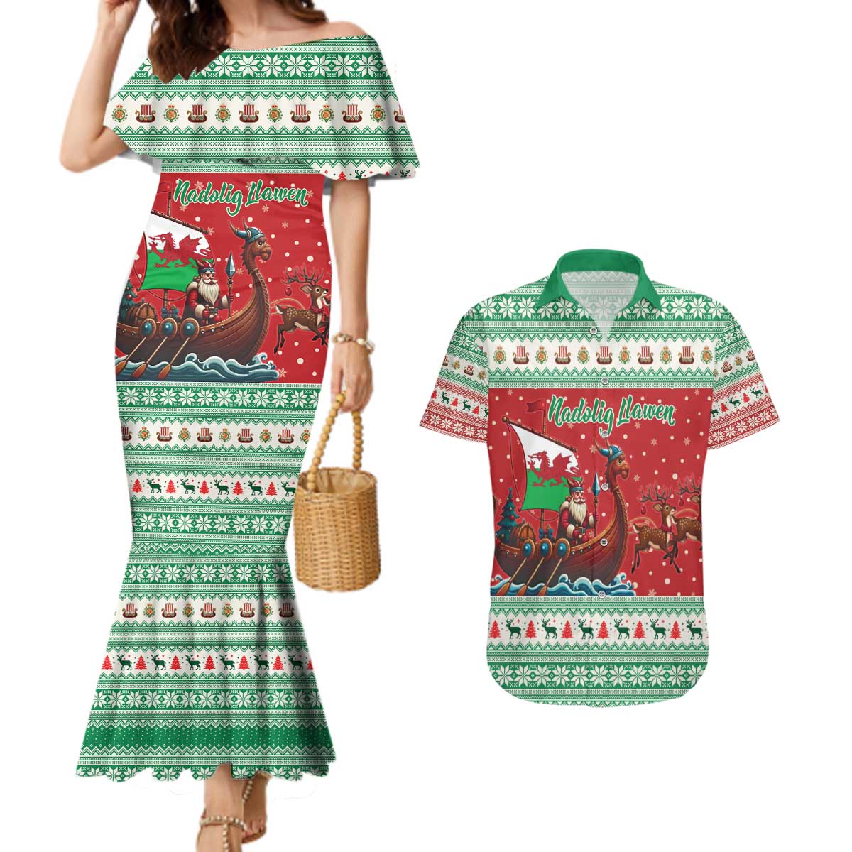 Wales Viking Santa Christmas Couples Matching Mermaid Dress and Hawaiian Shirt Funny Reindeer Norse Xmas - Wonder Print Shop