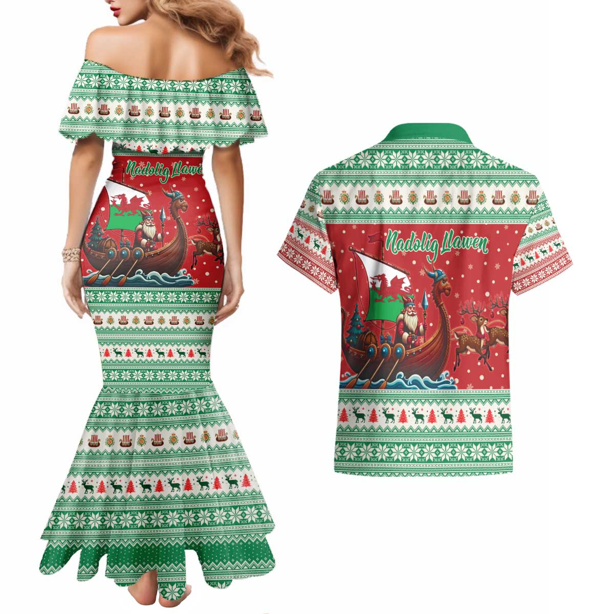 Wales Viking Santa Christmas Couples Matching Mermaid Dress and Hawaiian Shirt Funny Reindeer Norse Xmas - Wonder Print Shop