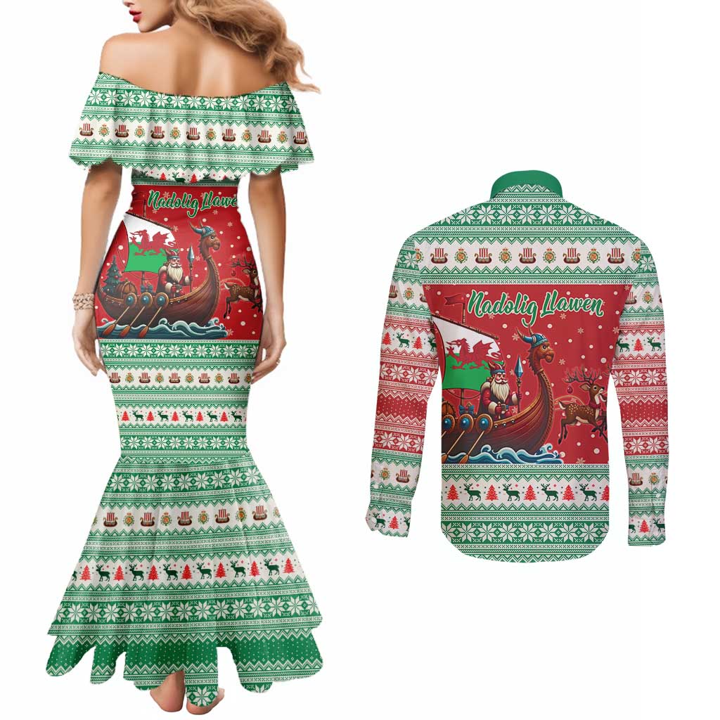 Wales Viking Santa Christmas Couples Matching Mermaid Dress and Long Sleeve Button Shirt Funny Reindeer Norse Xmas - Wonder Print Shop