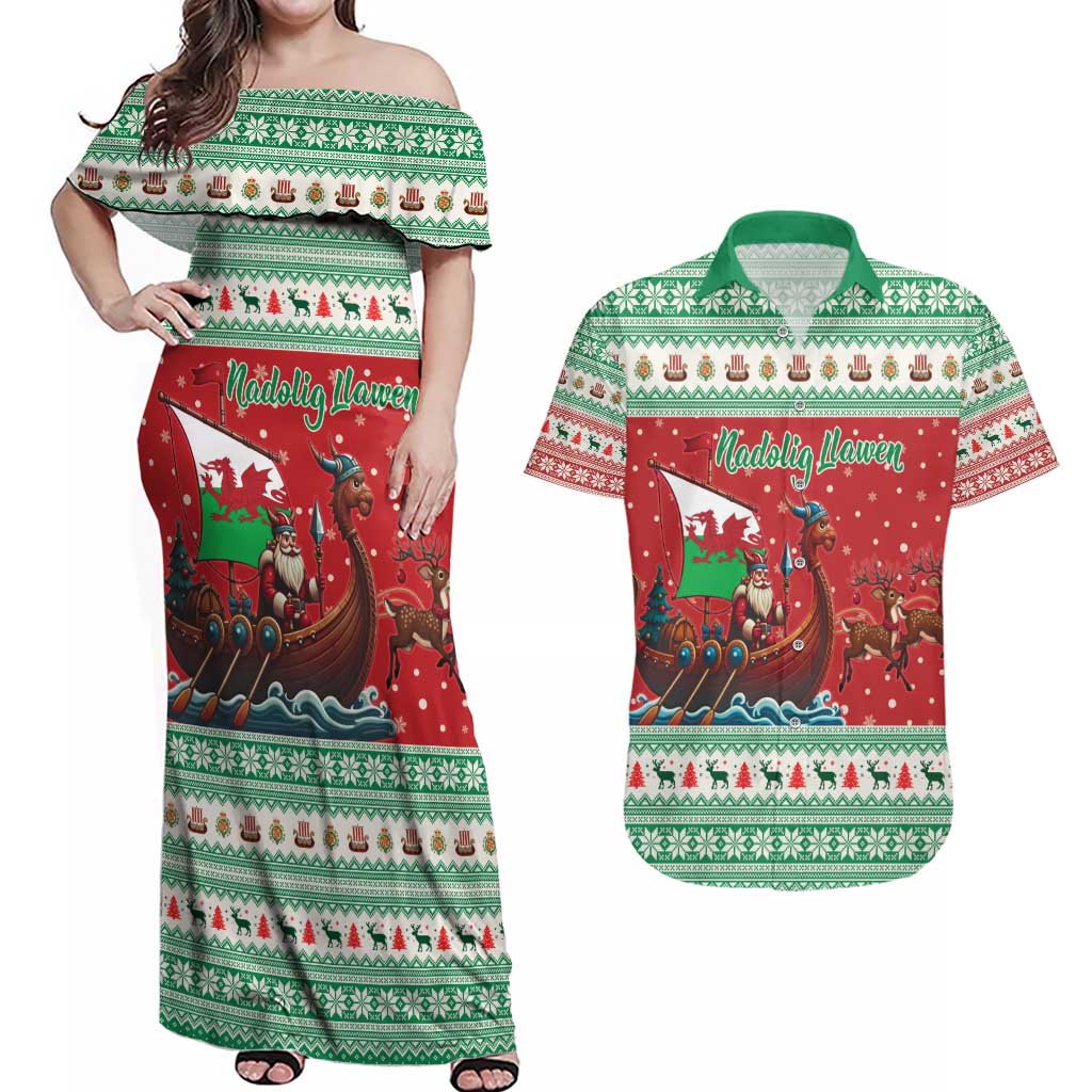 Wales Viking Santa Christmas Couples Matching Off Shoulder Maxi Dress and Hawaiian Shirt Funny Reindeer Norse Xmas - Wonder Print Shop