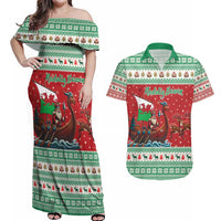 Wales Viking Santa Christmas Couples Matching Off Shoulder Maxi Dress and Hawaiian Shirt Funny Reindeer Norse Xmas - Wonder Print Shop